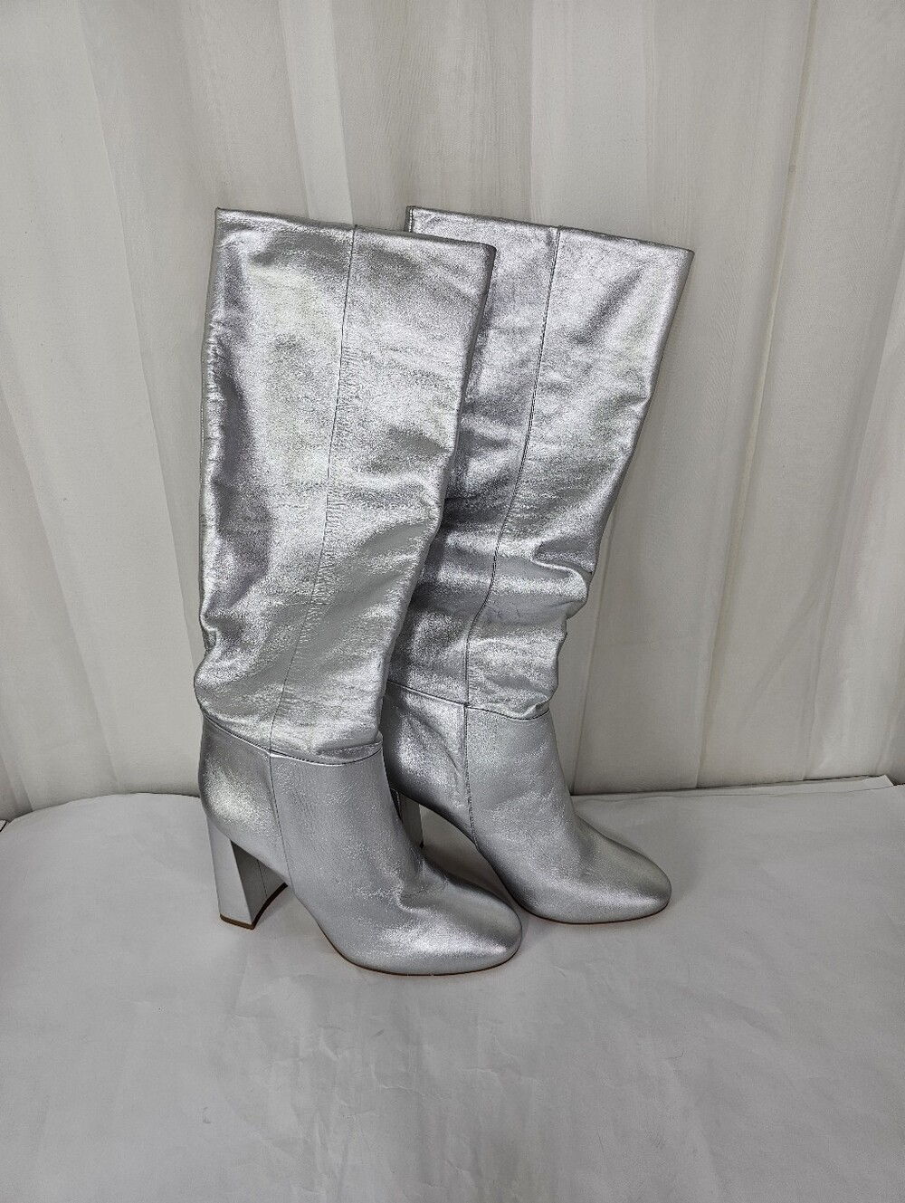 Cynthia Rowley Chloe Silver Metallic Leather Knee High Slouch Block Heel Boots 8